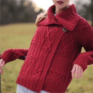 Carraig Donn Ireland BROWN Irish Wool Aran 100% Merino Wool Sweater Cardigan, XL